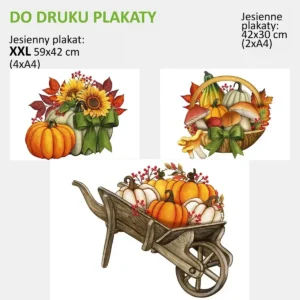 Jesienne plakaty do druku – taczka, dynie i grzyby