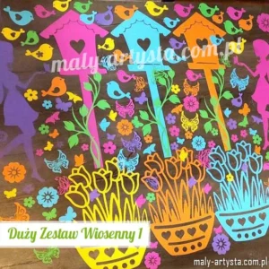 Mega Zestaw 149 kolorowych, dwustronnych dekoracji wiosennych z papieru 170 g – ptasie budki, wazony z tulipanami, wróżki, motyle, kwiaty i ptaszki do dekoracji sali, tablicy i gazetki.