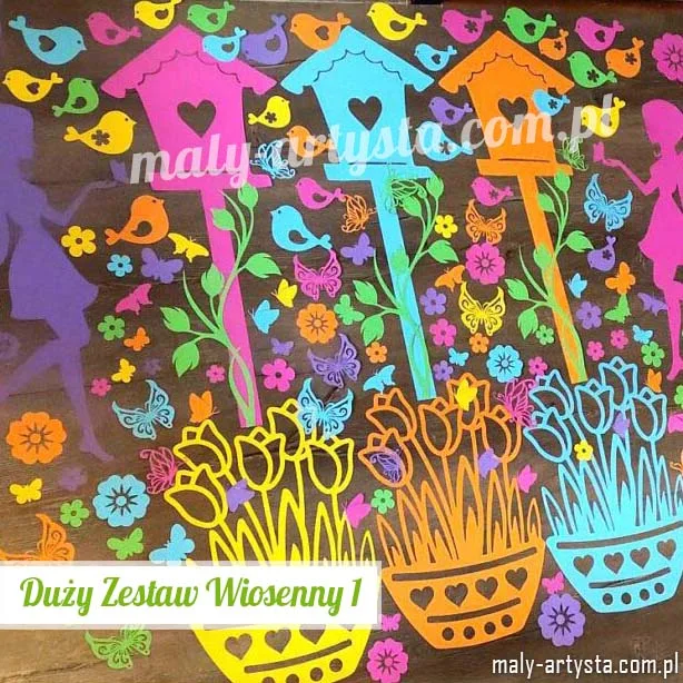 Mega Zestaw 149 kolorowych, dwustronnych dekoracji wiosennych z papieru 170 g – ptasie budki, wazony z tulipanami, wróżki, motyle, kwiaty i ptaszki do dekoracji sali, tablicy i gazetki.