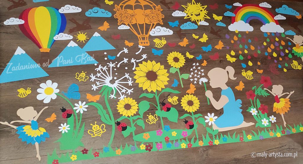 dekoracja wiosna lato przedszkole szkoła na tablicę okno słoneczniki dziewczynka biedronki balon tęcza