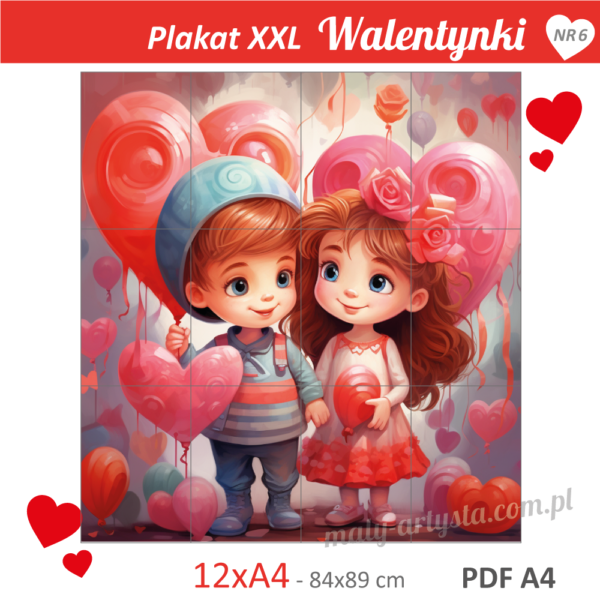 Walentynki plakat do druku PDF dziewczynka i chłopiec napis serca