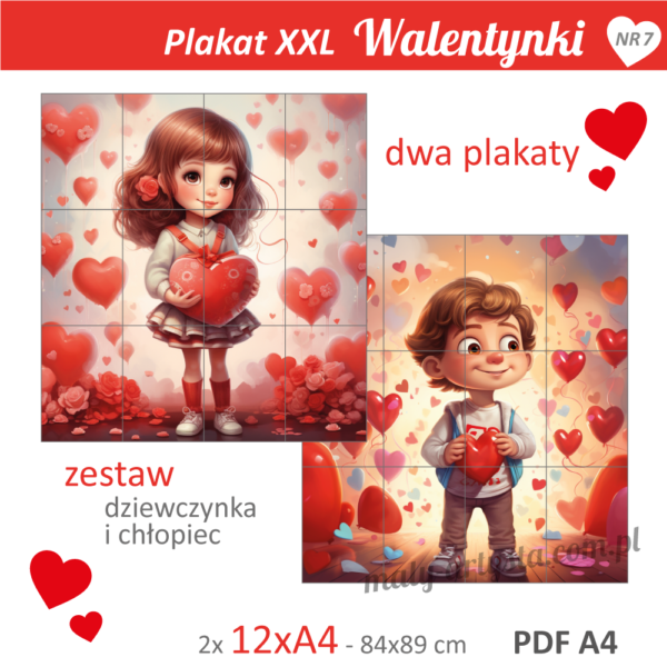 Walentynki plakat do druku PDF dziewczynka i chłopiec napis serca