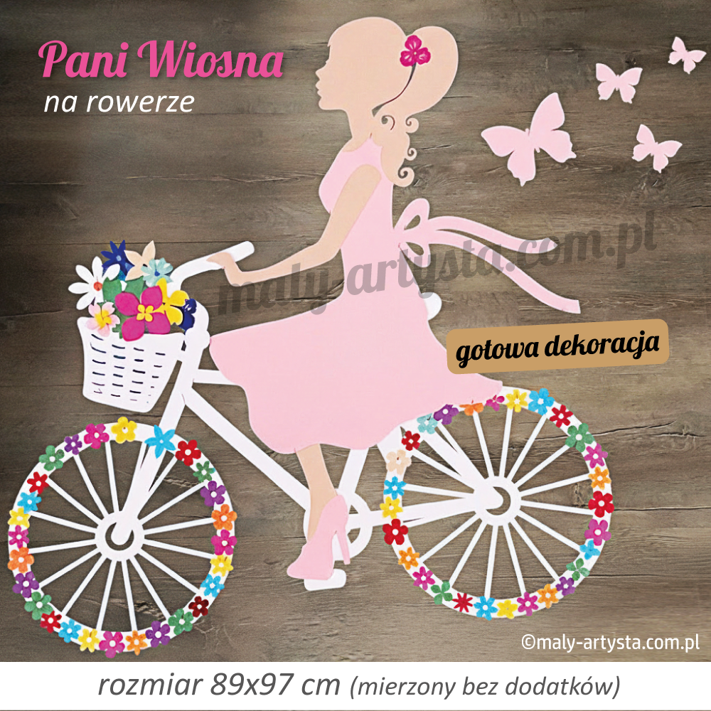 Dekoracja Pani Wiosna na rowerze – dekoracja na powitanie wiosny do przedszkola i szkoły z brystolu