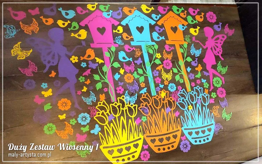 Mega Zestaw 149 kolorowych, dwustronnych dekoracji wiosennych z papieru 170 g – ptasie budki, wazony z tulipanami, wróżki, motyle, kwiaty i ptaszki do dekoracji sali, tablicy i gazetki