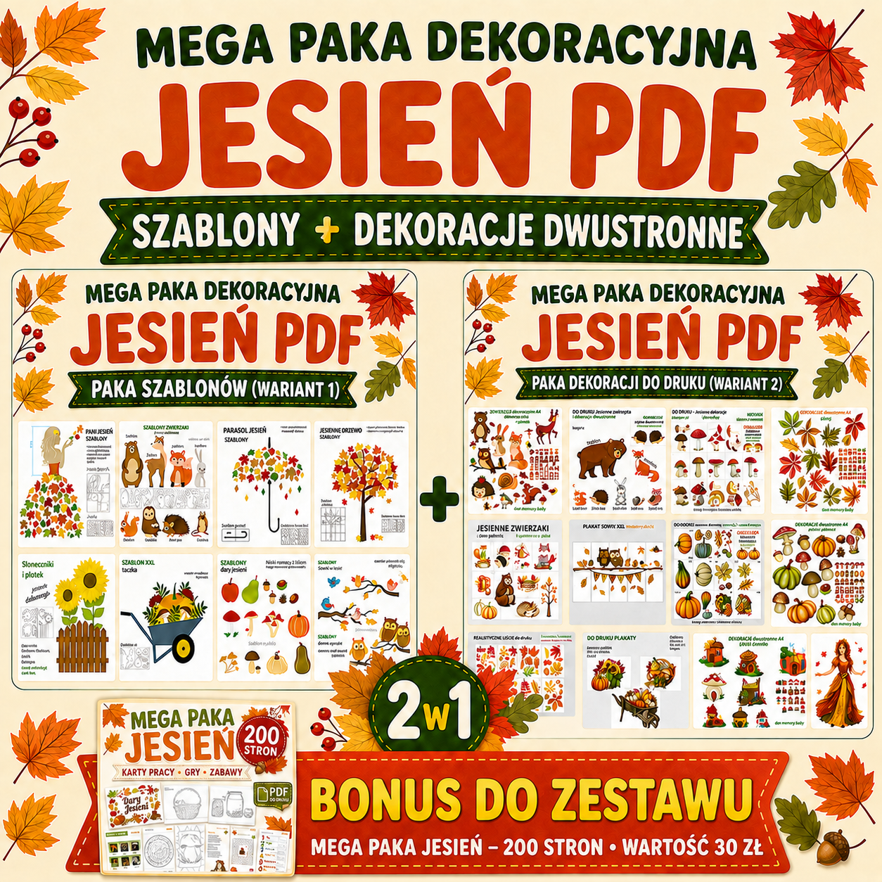 Mega Paka Dekoracyjna Jesień PDF – szablony i dekoracje dwustronne do druku