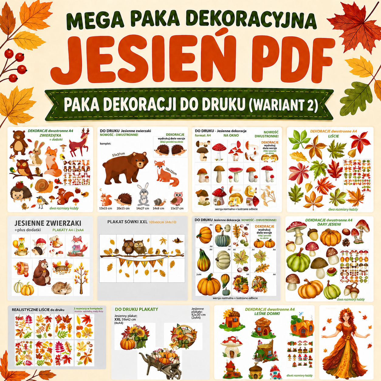 Paka kolorowych dekoracji jesiennych PDF do druku dwustronnego – wariant 2