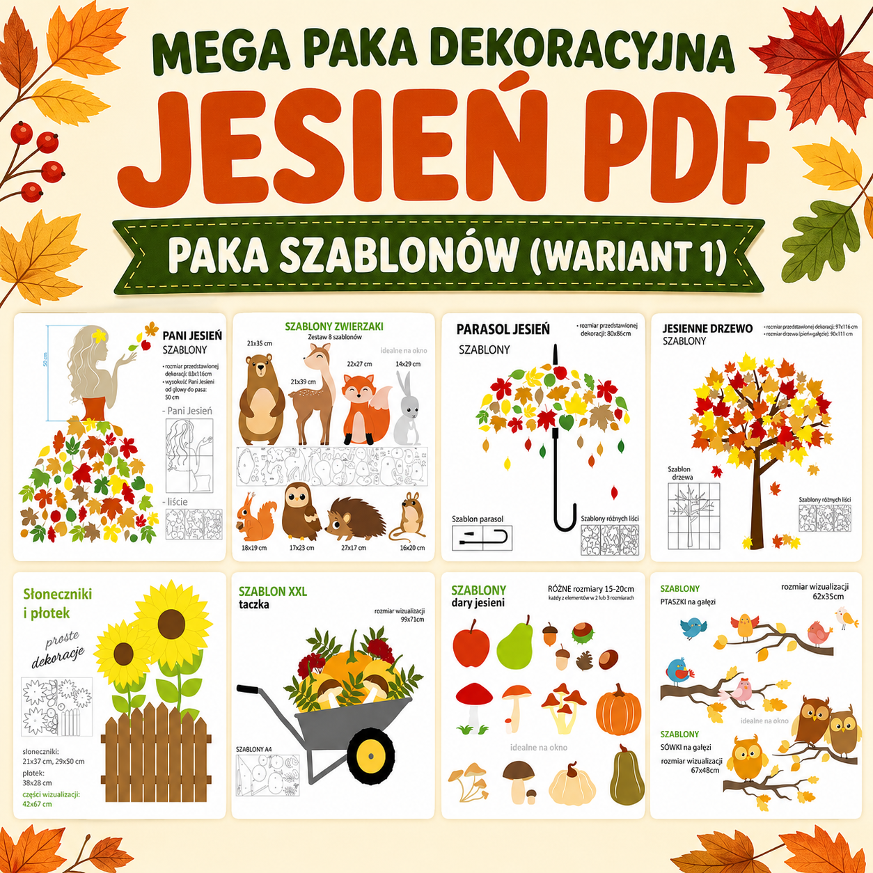 Paka jesiennych szablonów PDF do odrysowania – wariant 1