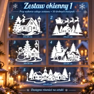 Zimowe dekoracje na okna – pięć ażurowych wycinanek z papieru, zimowe domki, bałwanek, jelenie i Mikołaj z reniferami