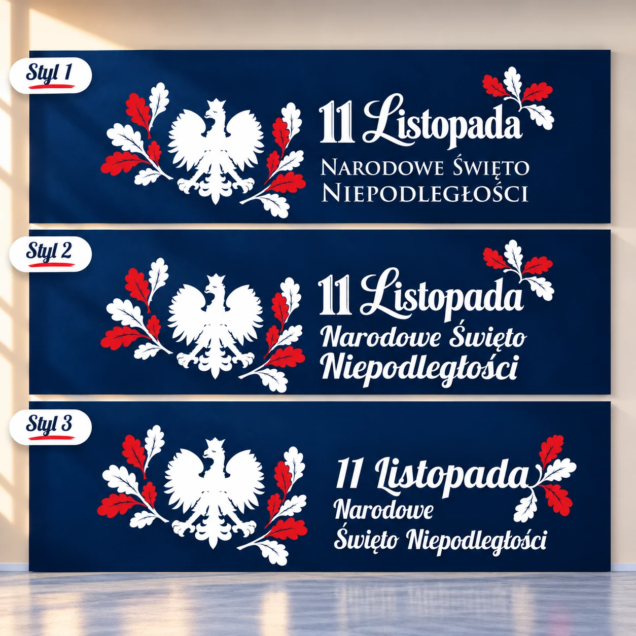 Trzy style napisów dekoracji 11 listopada